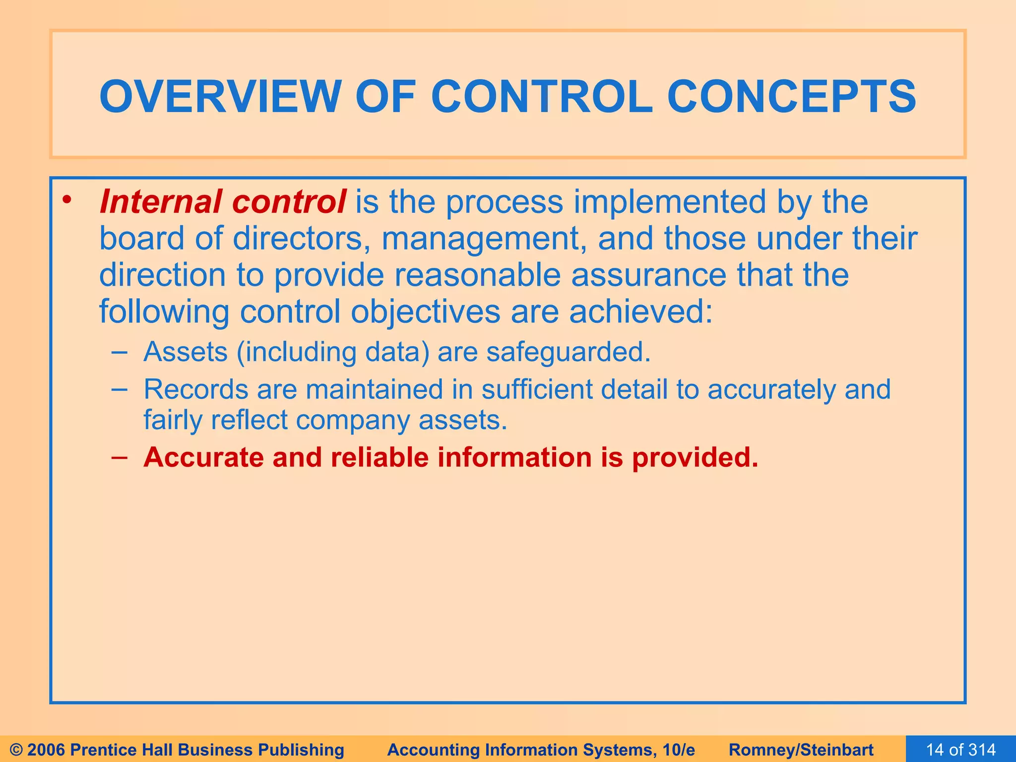 OVERVIEW OF CONTROL CONCEPTS Internal control  is the process implemented by the board of directors, management, and those under their direction to provide reasonable assurance that the following control objectives are achieved: Assets (including data) are safeguarded. Records are maintained in sufficient detail to accurately and fairly reflect company assets.  Accurate and reliable information is provided. 
