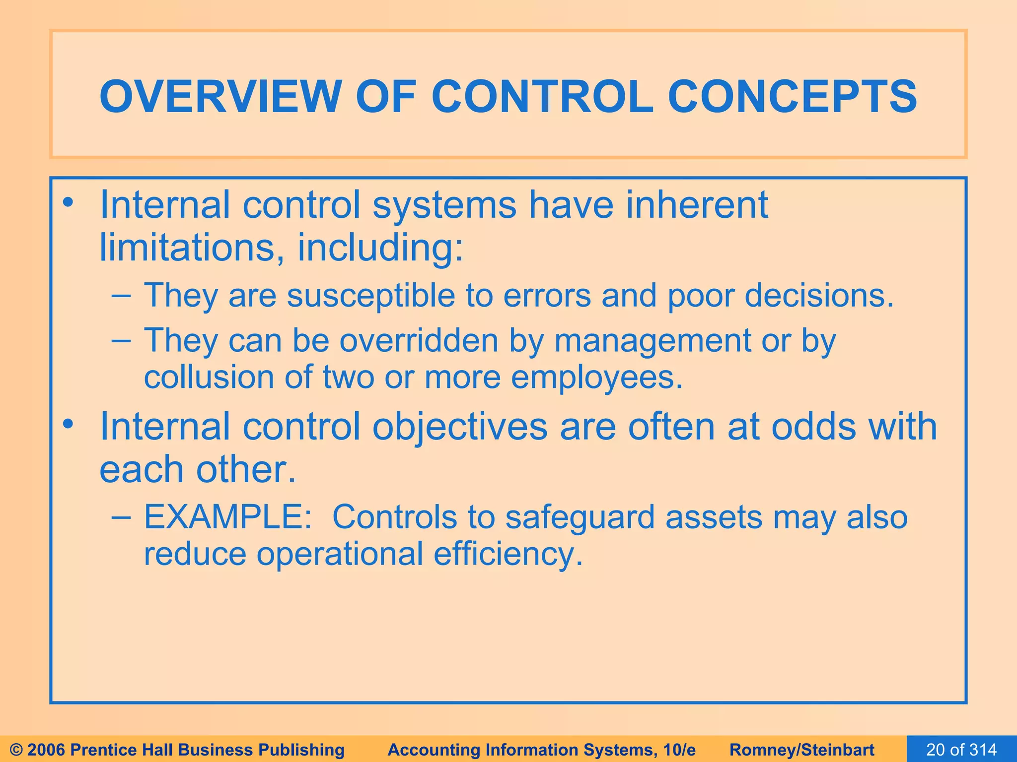 OVERVIEW OF CONTROL CONCEPTS Internal control systems have inherent limitations, including: They are susceptible to errors and poor decisions. They can be overridden by management or by collusion of two or more employees. Internal control objectives are often at odds with each other. EXAMPLE:  Controls to safeguard assets may also reduce operational efficiency. 