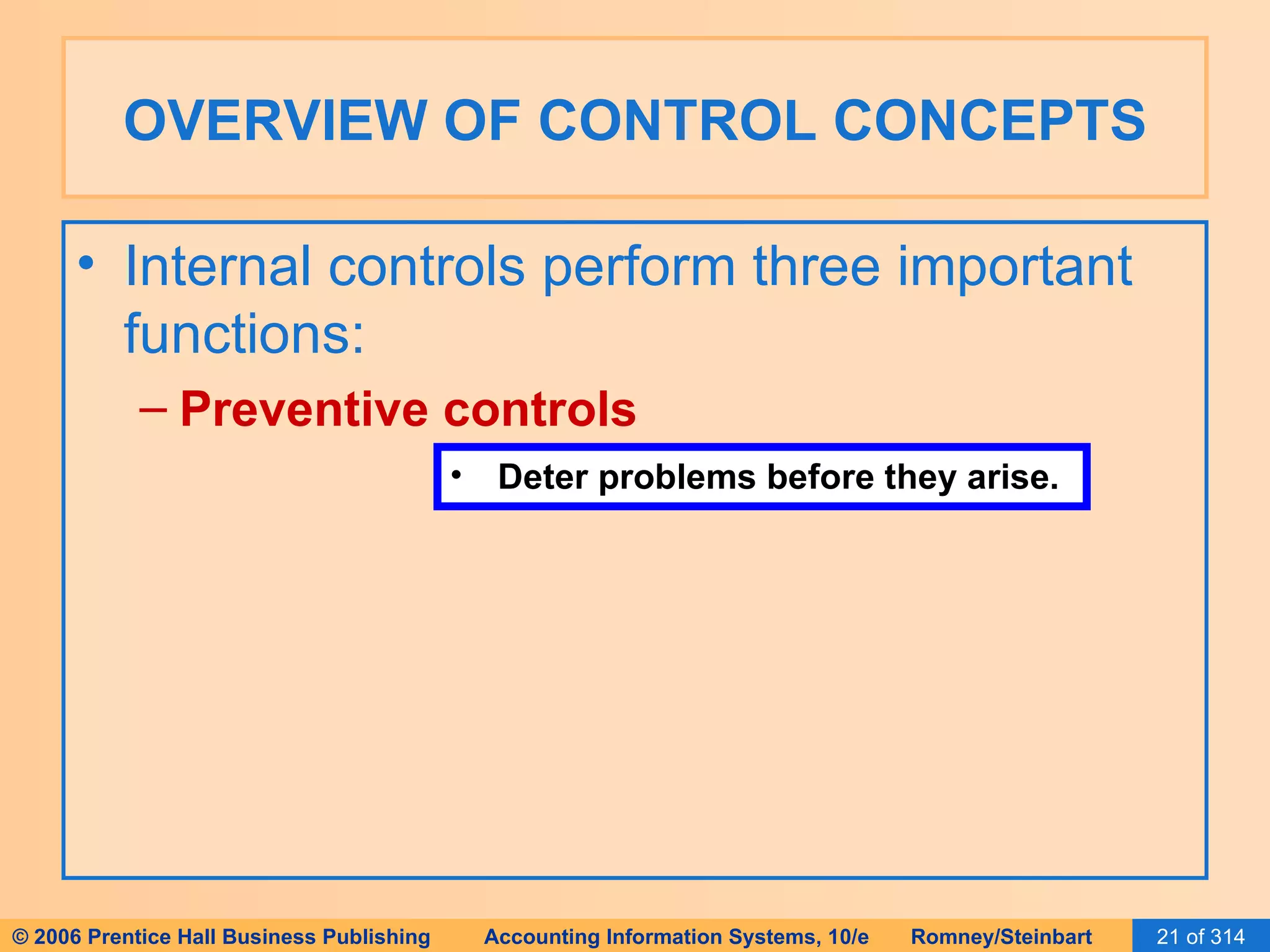 OVERVIEW OF CONTROL CONCEPTS Internal controls perform three important functions: Preventive controls Deter problems before they arise. 