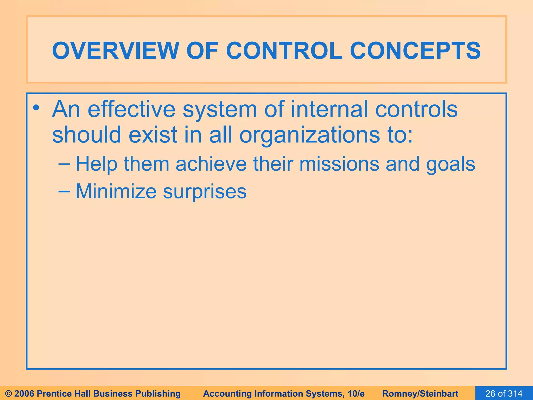 OVERVIEW OF CONTROL CONCEPTS An effective system of internal controls should exist in all organizations to: Help them achieve their missions and goals Minimize surprises 