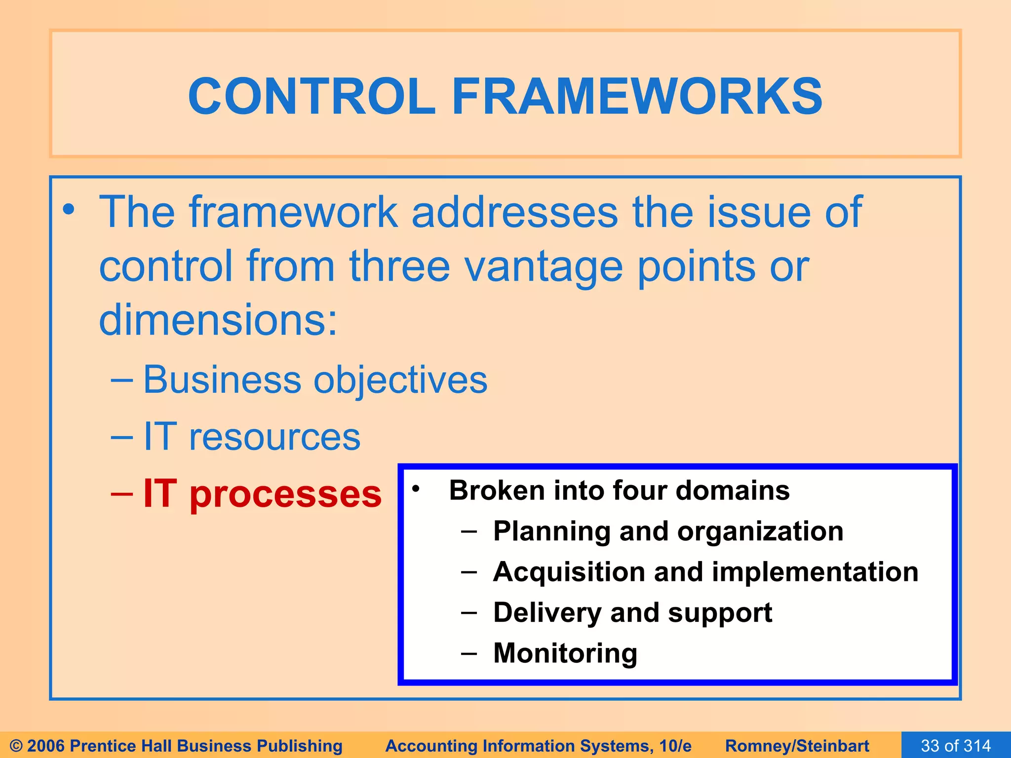 CONTROL FRAMEWORKS The framework addresses the issue of control from three vantage points or dimensions: Business objectives IT resources IT processes Broken into four domains Planning and organization Acquisition and implementation Delivery and support Monitoring 