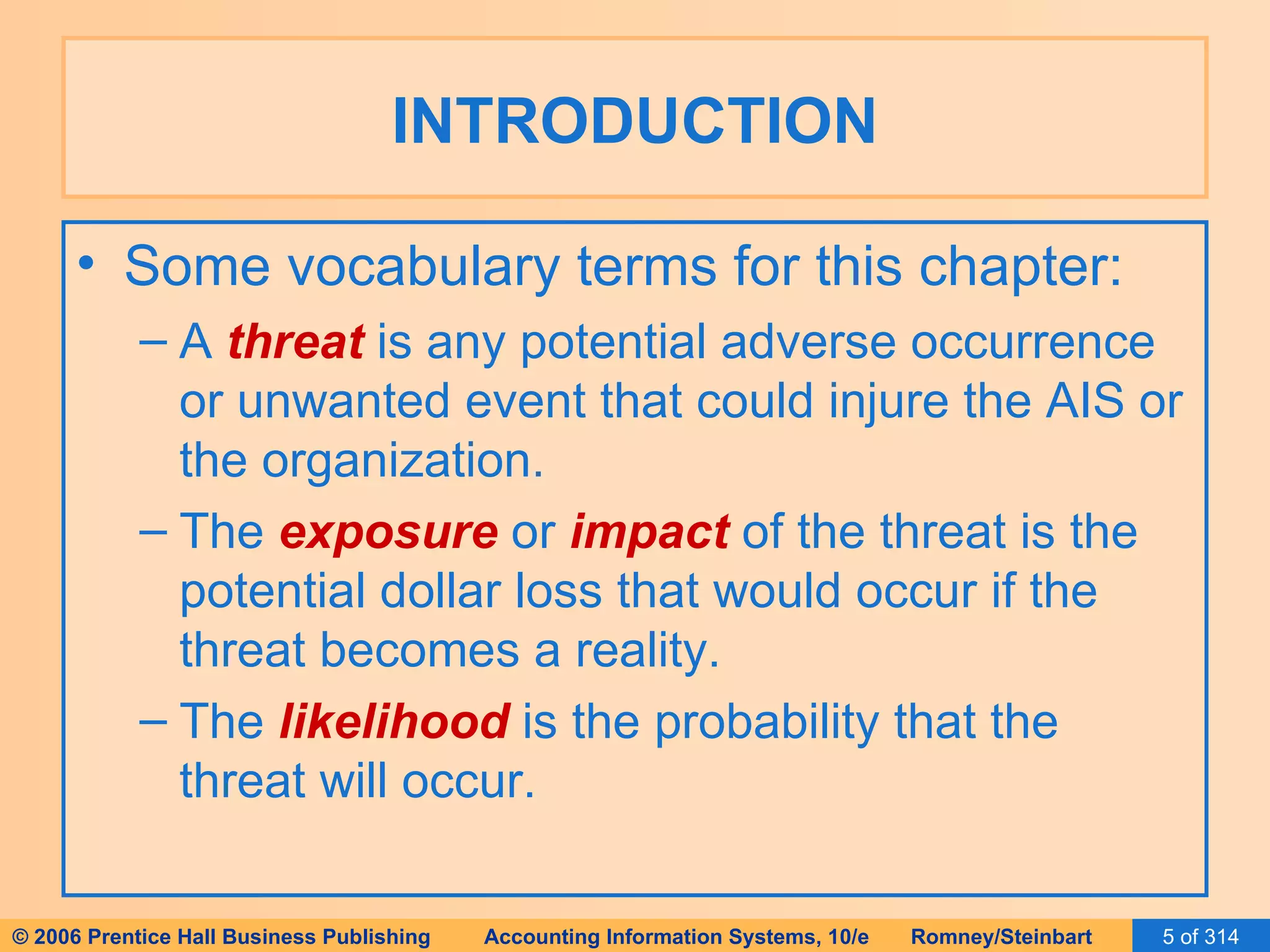 INTRODUCTION Some vocabulary terms for this chapter: A  threat  is any potential adverse occurrence or unwanted event that could injure the AIS or the organization. The  exposure  or  impact  of the threat is the potential dollar loss that would occur if the threat becomes a reality. The  likelihood  is the probability that the threat will occur. 