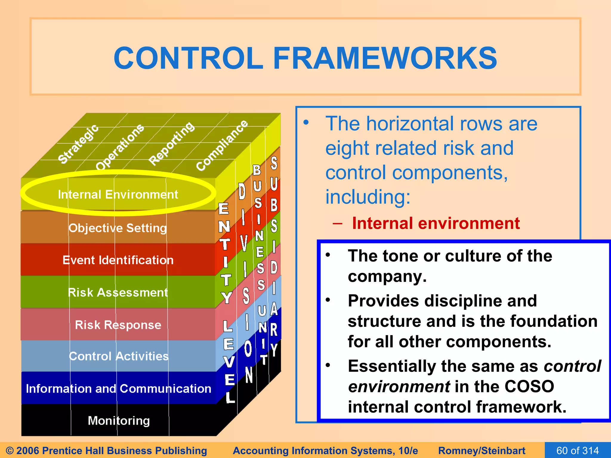 CONTROL FRAMEWORKS The horizontal rows are eight related risk and control components, including: Internal environment The tone or culture of the company. Provides discipline and structure and is the foundation for all other components. Essentially the same as  control environment  in the COSO internal control framework. 