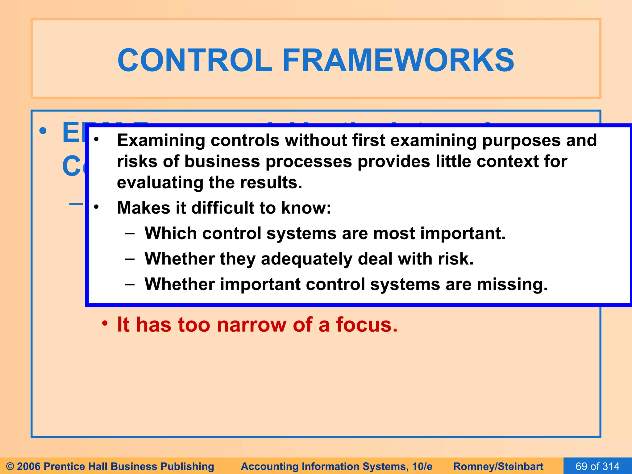 CONTROL FRAMEWORKS ERM Framework Vs. the Internal Control Framework The internal control framework has been widely adopted as the principal way to evaluate internal controls as required by SOX.  However, there are issues with it. It has too narrow of a focus. Examining controls without first examining purposes and risks of business processes provides little context for evaluating the results. Makes it difficult to know: Which control systems are most important. Whether they adequately deal with risk. Whether important control systems are missing. 