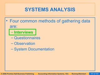 SYSTEMS ANALYSIS Four common methods of gathering data are: Interviews Questionnaires Observation System Documentation 