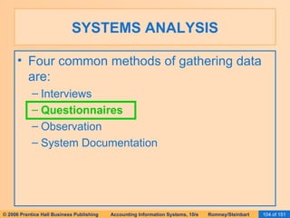 SYSTEMS ANALYSIS Four common methods of gathering data are: Interviews Questionnaires Observation System Documentation 