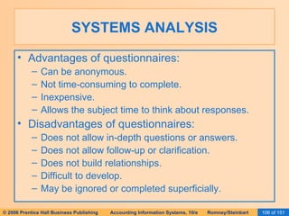 SYSTEMS ANALYSIS Advantages of questionnaires: Can be anonymous. Not time-consuming to complete. Inexpensive. Allows the subject time to think about responses. Disadvantages of questionnaires: Does not allow in-depth questions or answers. Does not allow follow-up or clarification. Does not build relationships. Difficult to develop. May be ignored or completed superficially. 