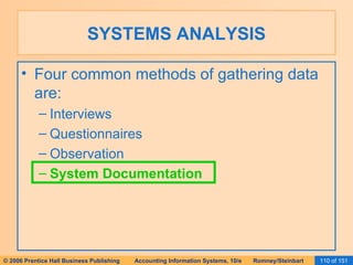 SYSTEMS ANALYSIS Four common methods of gathering data are: Interviews Questionnaires Observation System Documentation 