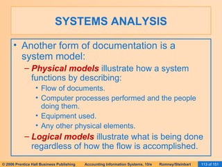 SYSTEMS ANALYSIS Another form of documentation is a system model: Physical models  illustrate how a system functions by describing: Flow of documents. Computer processes performed and the people doing them. Equipment used. Any other physical elements. Logical models  illustrate what is being done regardless of how the flow is accomplished. 