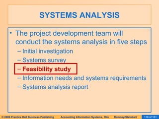 SYSTEMS ANALYSIS The project development team will conduct the systems analysis in five steps Initial investigation Systems survey Feasibility study Information needs and systems requirements Systems analysis report 