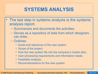 SYSTEMS ANALYSIS The last step in systems analysis is the systems analysis report. Summarizes and documents the activities. Serves as a repository of data from which designers can draw. Outlines: Goals and objectives of the new system. Scope of the project. How the new system fits into the company’s master plan. User processing requirements and information needs. Feasibility analysis. Recommendations for the new system. 