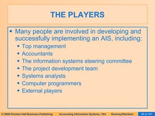 THE PLAYERS Many people are involved in developing and successfully implementing an AIS, including: Top management Accountants The information systems steering committee The project development team Systems analysts Computer programmers External players 