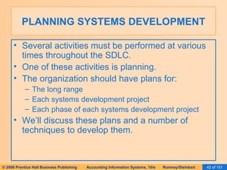 PLANNING SYSTEMS DEVELOPMENT Several activities must be performed at various times throughout the SDLC. One of these activities is planning. The organization should have plans for: The long range Each systems development project Each phase of each systems development project We’ll discuss these plans and a number of techniques to develop them. 