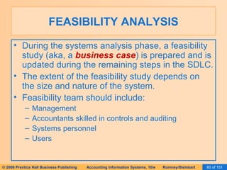 FEASIBILITY ANALYSIS During the systems analysis phase, a feasibility study (aka, a  business case ) is prepared and is updated during the remaining steps in the SDLC. The extent of the feasibility study depends on the size and nature of the system. Feasibility team should include: Management Accountants skilled in controls and auditing Systems personnel Users 