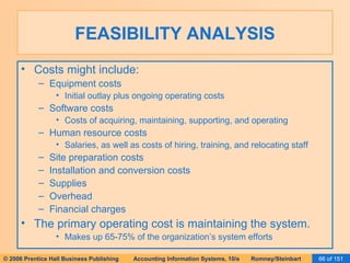 FEASIBILITY ANALYSIS Costs might include: Equipment costs Initial outlay plus ongoing operating costs Software costs Costs of acquiring, maintaining, supporting, and operating Human resource costs Salaries, as well as costs of hiring, training, and relocating staff Site preparation costs Installation and conversion costs Supplies Overhead Financial charges The primary operating cost is maintaining the system. Makes up 65-75% of the organization’s system efforts 