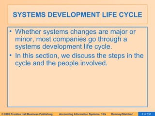SYSTEMS DEVELOPMENT LIFE CYCLE Whether systems changes are major or minor, most companies go through a systems development life cycle. In this section, we discuss the steps in the cycle and the people involved. 