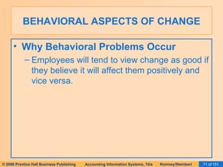 BEHAVIORAL ASPECTS OF CHANGE Why Behavioral Problems Occur Employees will tend to view change as good if they believe it will affect them positively and vice versa. 
