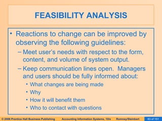 FEASIBILITY ANALYSIS Reactions to change can be improved by observing the following guidelines: Meet user’s needs with respect to the form, content, and volume of system output. Keep communication lines open.  Managers and users should be fully informed about: What changes are being made Why How it will benefit them Who to contact with questions 