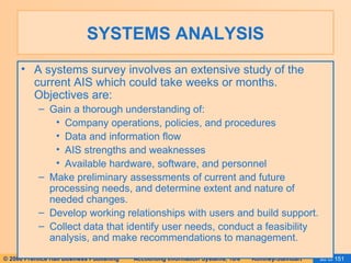 SYSTEMS ANALYSIS A systems survey involves an extensive study of the current AIS which could take weeks or months.  Objectives are: Gain a thorough understanding of: Company operations, policies, and procedures Data and information flow AIS strengths and weaknesses Available hardware, software, and personnel Make preliminary assessments of current and future processing needs, and determine extent and nature of needed changes. Develop working relationships with users and build support. Collect data that identify user needs, conduct a feasibility analysis, and make recommendations to management. 