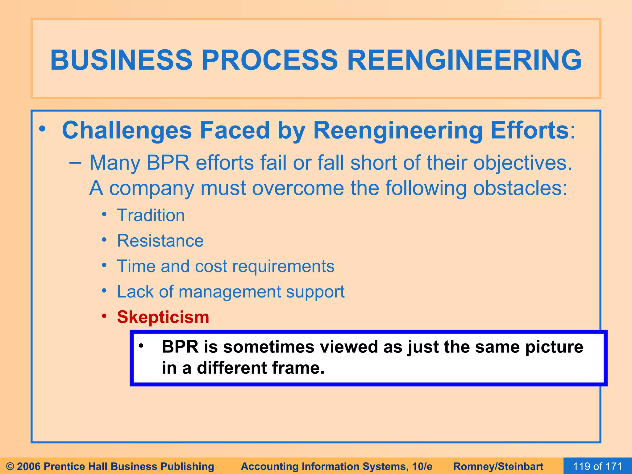 BUSINESS PROCESS REENGINEERING Challenges Faced by Reengineering Efforts : Many BPR efforts fail or fall short of their objectives.  A company must overcome the following obstacles: Tradition Resistance Time and cost requirements Lack of management support Skepticism BPR is sometimes viewed as just the same picture in a different frame. 