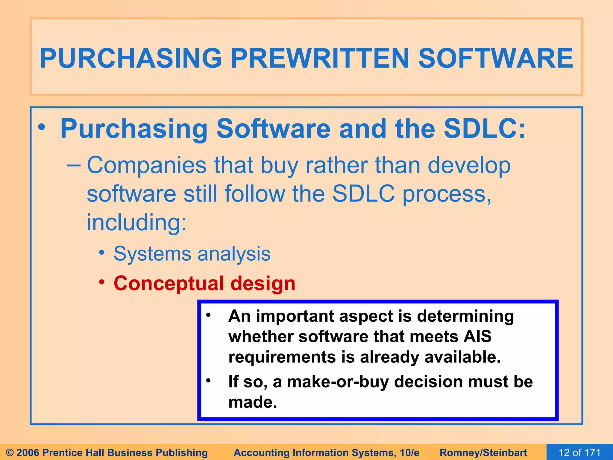 PURCHASING PREWRITTEN SOFTWARE Purchasing Software and the SDLC: Companies that buy rather than develop software still follow the SDLC process, including: Systems analysis Conceptual design An important aspect is determining whether software that meets AIS requirements is already available. If so, a make-or-buy decision must be made. 
