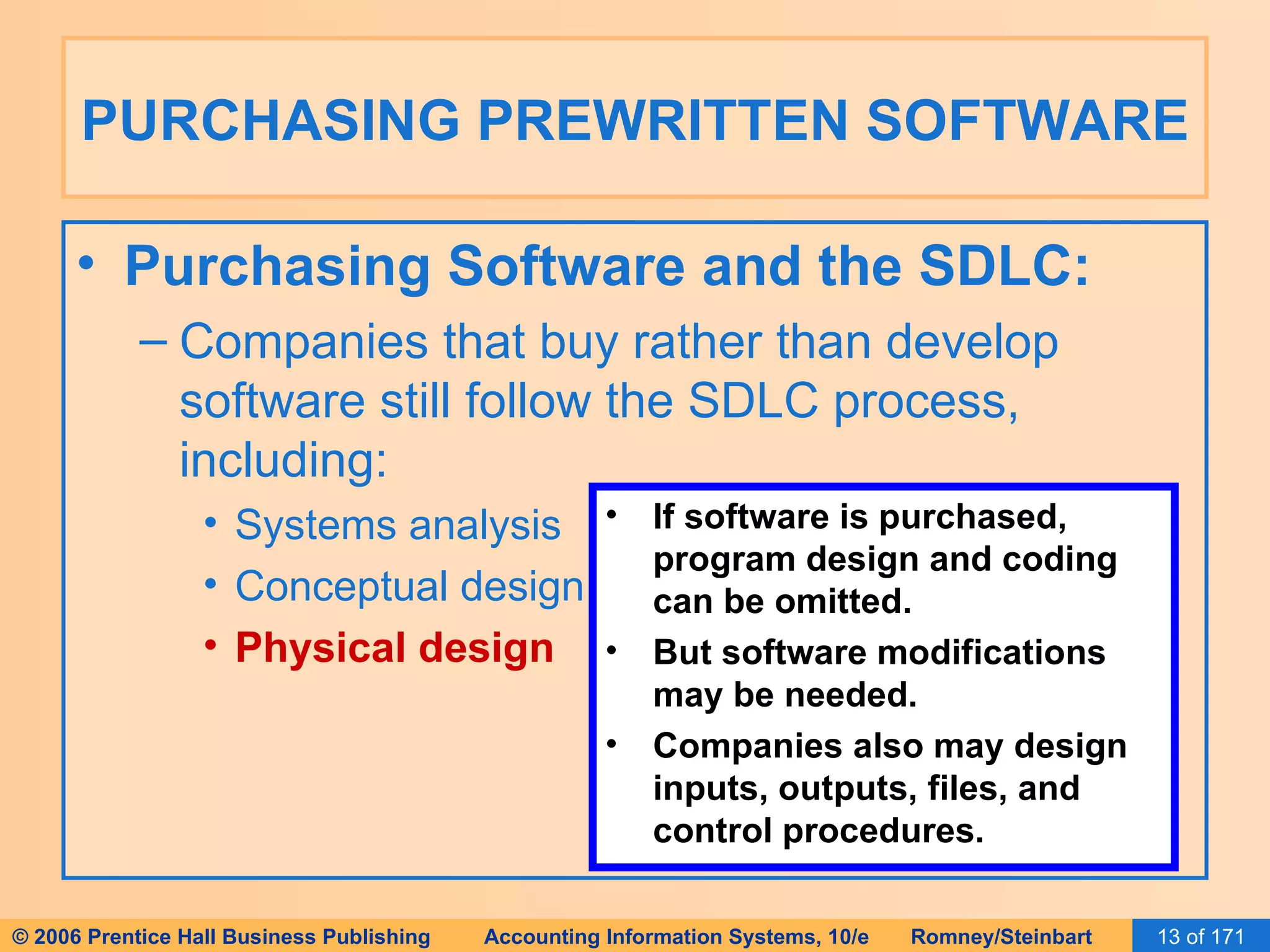 PURCHASING PREWRITTEN SOFTWARE Purchasing Software and the SDLC: Companies that buy rather than develop software still follow the SDLC process, including: Systems analysis Conceptual design Physical design If software is purchased, program design and coding can be omitted. But software modifications may be needed. Companies also may design inputs, outputs, files, and control procedures. 