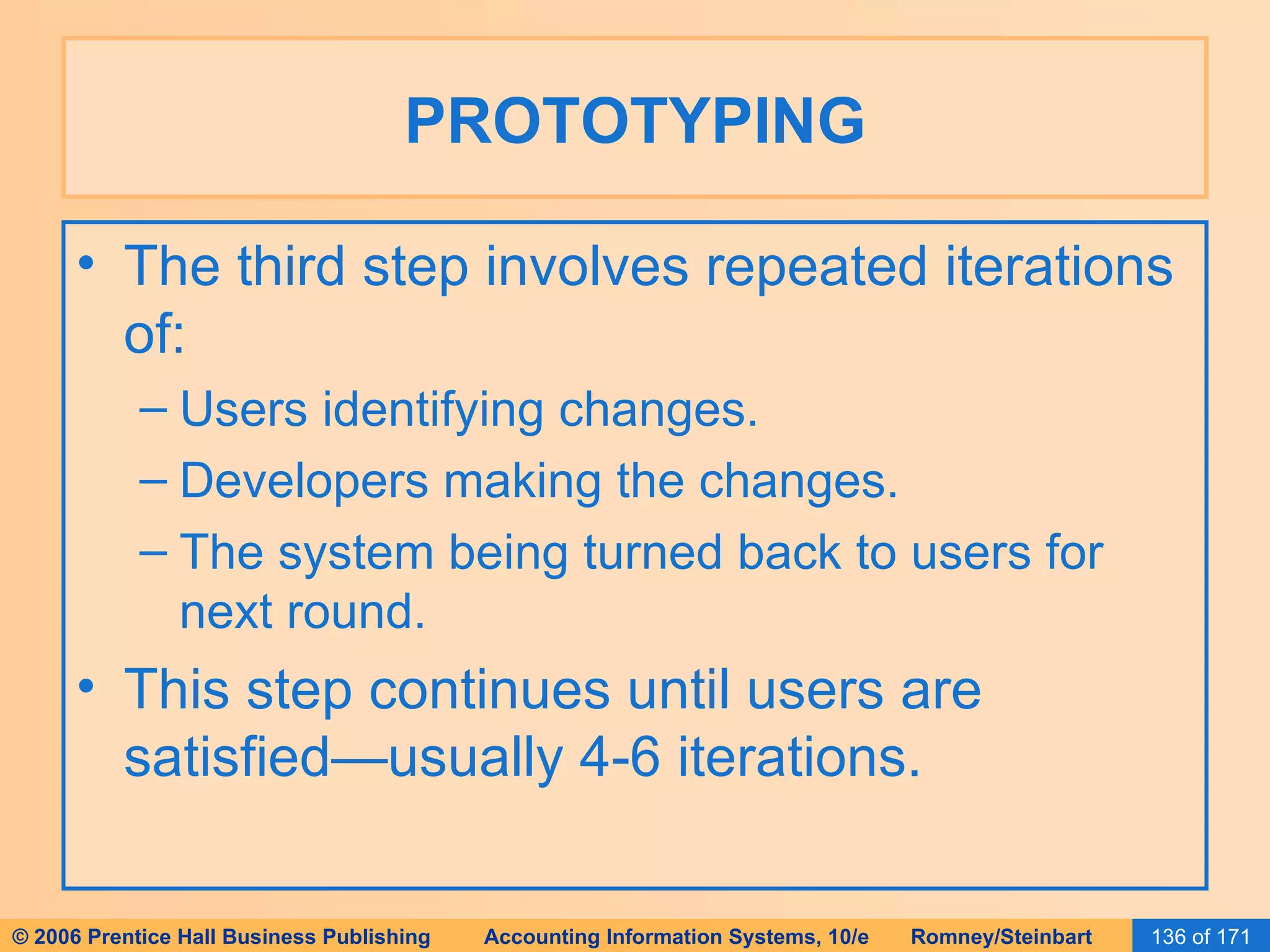 PROTOTYPING The third step involves repeated iterations of: Users identifying changes. Developers making the changes. The system being turned back to users for next round. This step continues until users are satisfied—usually 4-6 iterations. 
