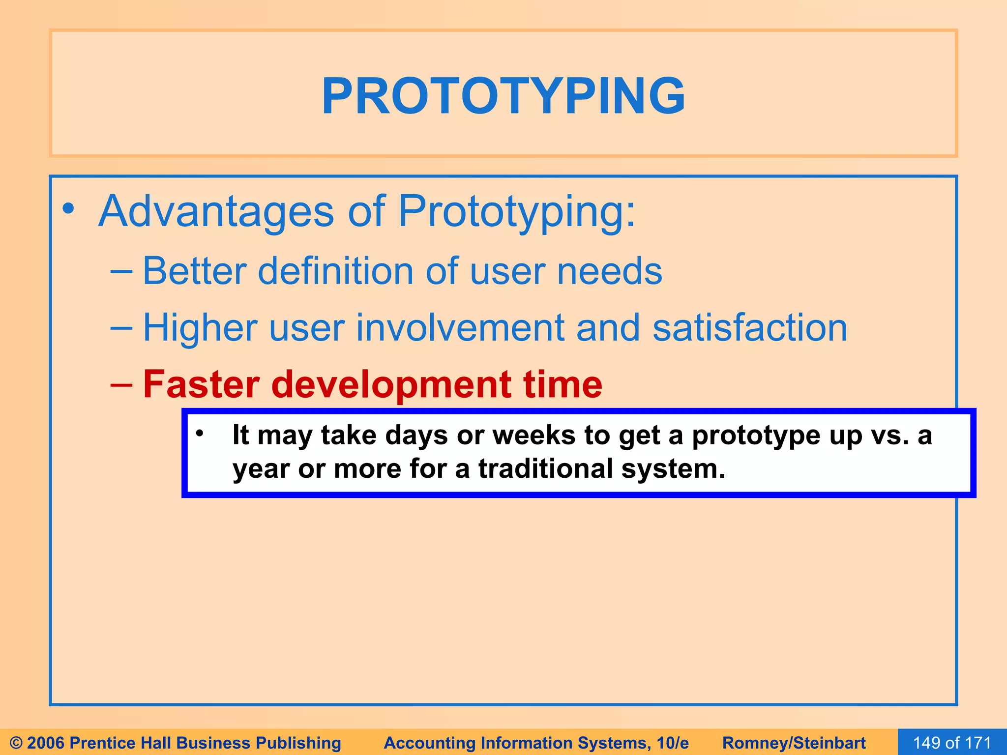 PROTOTYPING Advantages of Prototyping: Better definition of user needs Higher user involvement and satisfaction Faster development time It may take days or weeks to get a prototype up vs. a year or more for a traditional system. 