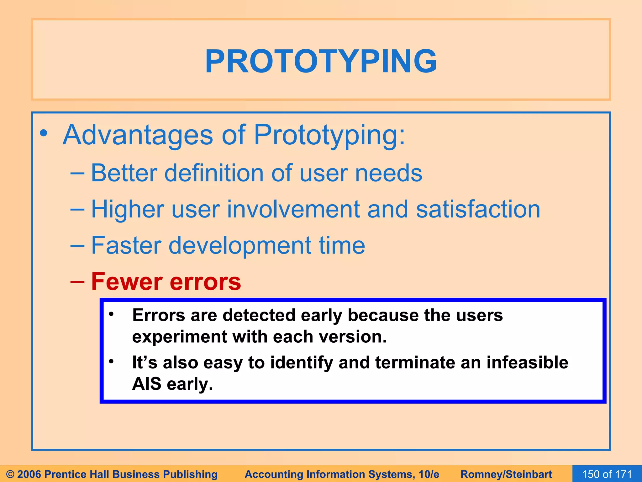 PROTOTYPING Advantages of Prototyping: Better definition of user needs Higher user involvement and satisfaction Faster development time Fewer errors Errors are detected early because the users experiment with each version. It’s also easy to identify and terminate an infeasible AIS early. 