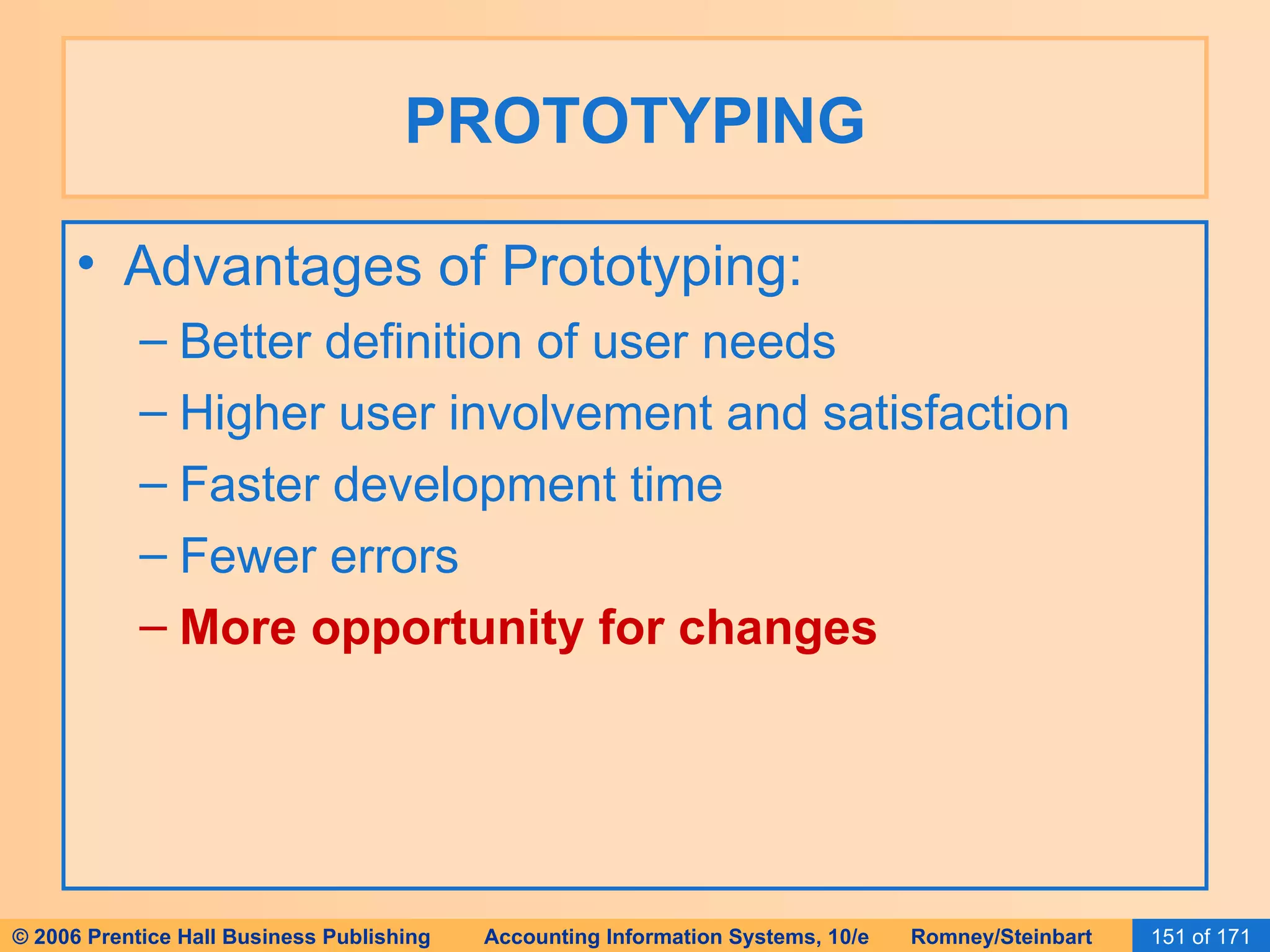 PROTOTYPING Advantages of Prototyping: Better definition of user needs Higher user involvement and satisfaction Faster development time Fewer errors More opportunity for changes 