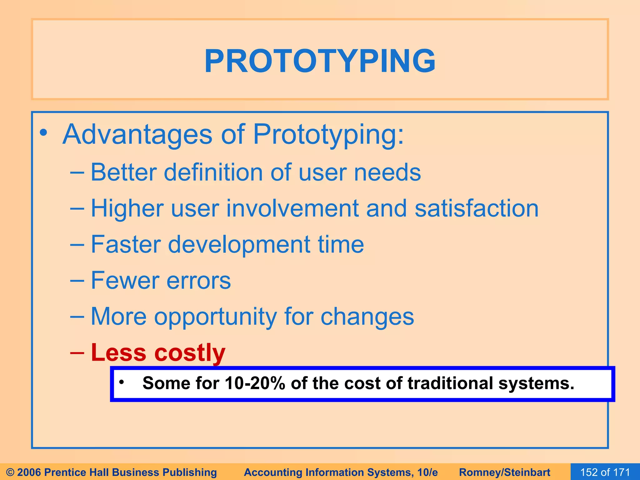 PROTOTYPING Advantages of Prototyping: Better definition of user needs Higher user involvement and satisfaction Faster development time Fewer errors More opportunity for changes Less costly Some for 10-20% of the cost of traditional systems. 