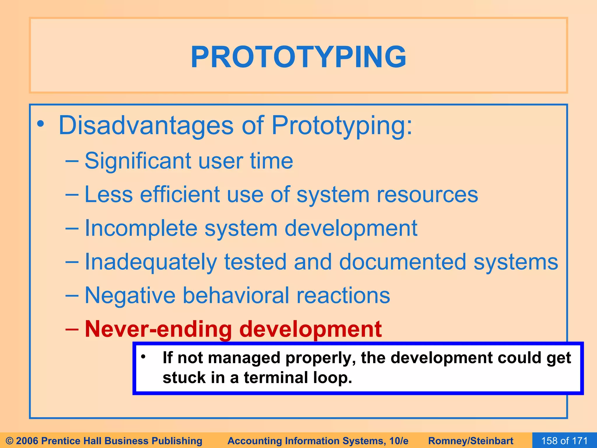 PROTOTYPING Disadvantages of Prototyping: Significant user time Less efficient use of system resources Incomplete system development Inadequately tested and documented systems Negative behavioral reactions Never-ending development If not managed properly, the development could get stuck in a terminal loop. 
