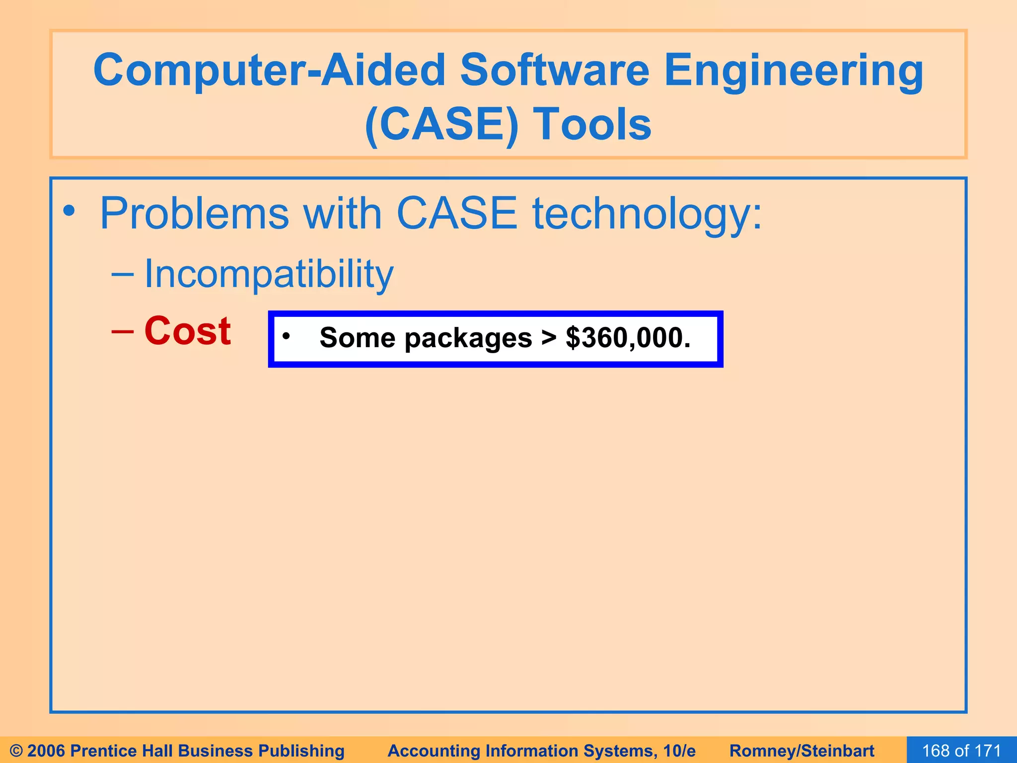 Computer-Aided Software Engineering (CASE) Tools Problems with CASE technology: Incompatibility Cost Some packages > $360,000. 