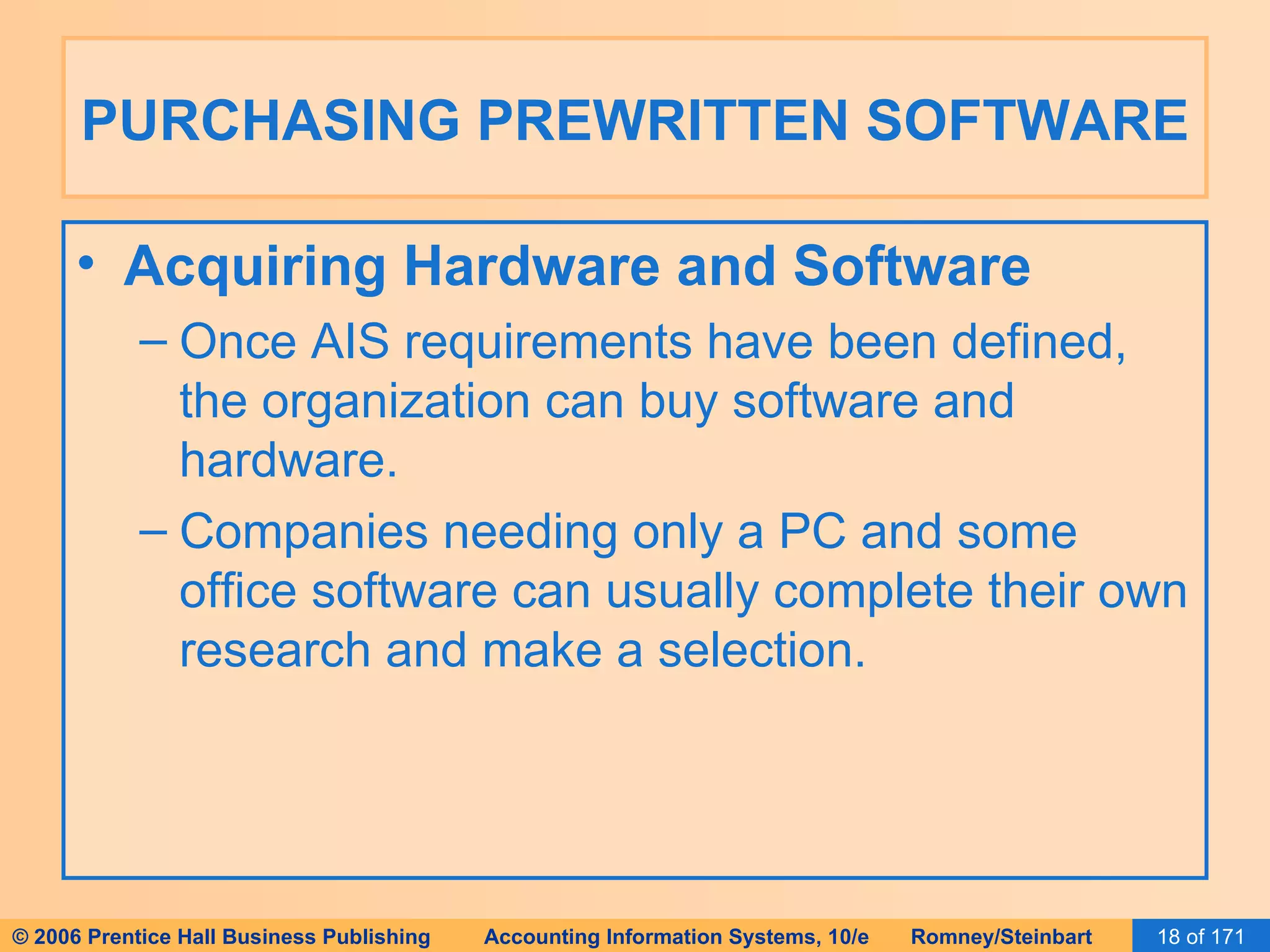 PURCHASING PREWRITTEN SOFTWARE Acquiring Hardware and Software Once AIS requirements have been defined, the organization can buy software and hardware. Companies needing only a PC and some office software can usually complete their own research and make a selection. 
