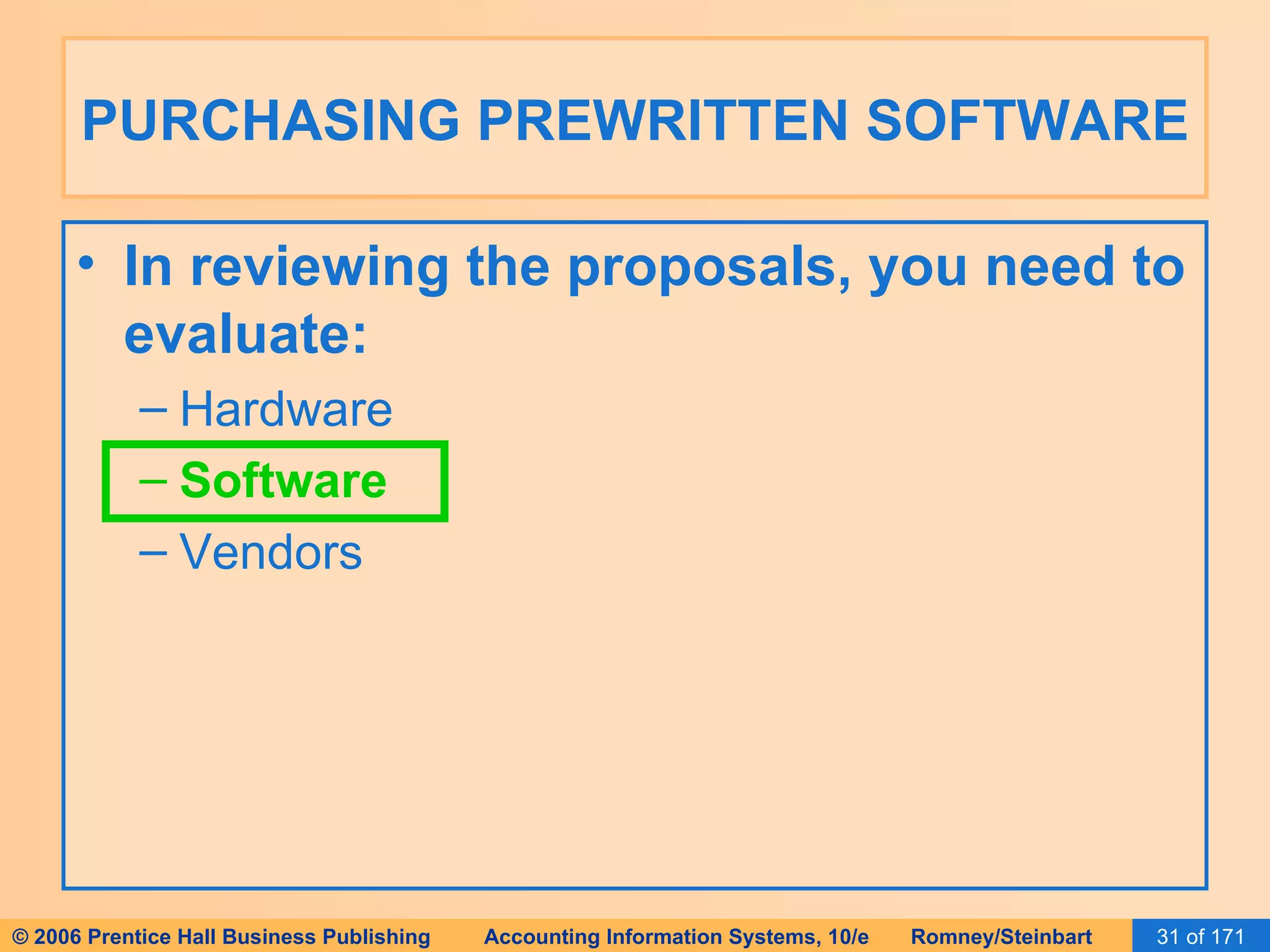 PURCHASING PREWRITTEN SOFTWARE In reviewing the proposals, you need to evaluate: Hardware Software Vendors 