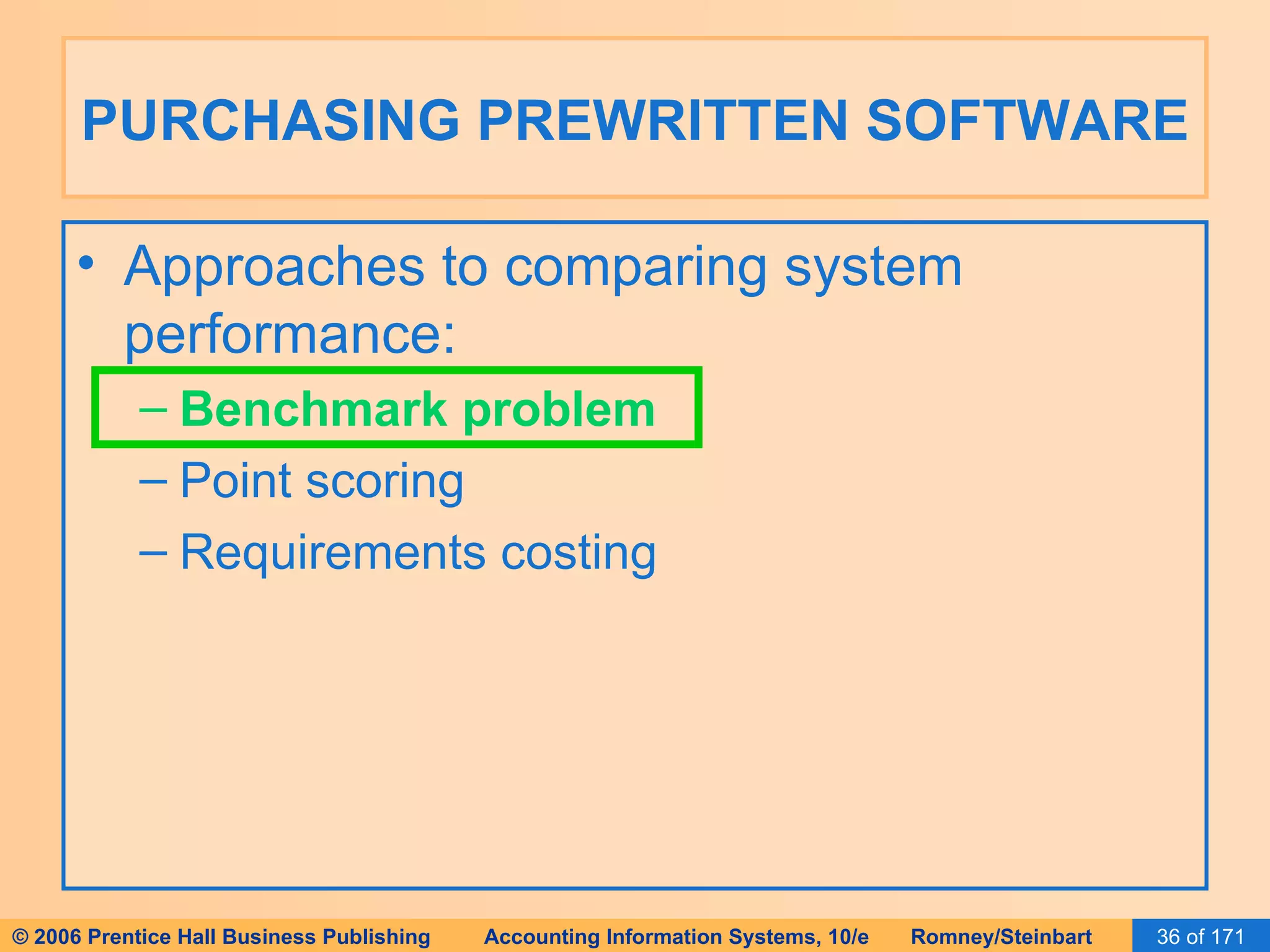 PURCHASING PREWRITTEN SOFTWARE Approaches to comparing system performance: Benchmark problem Point scoring Requirements costing 