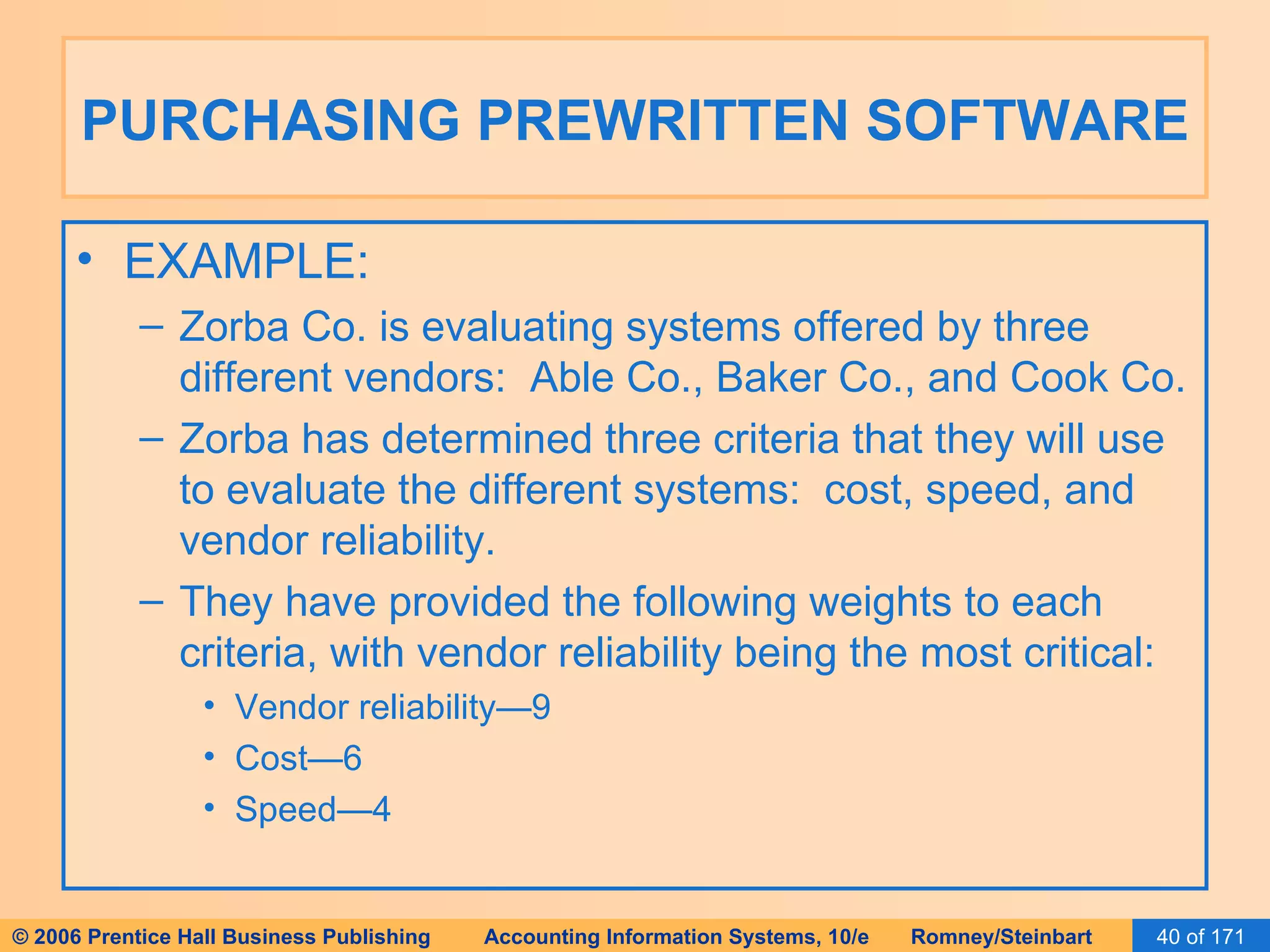 PURCHASING PREWRITTEN SOFTWARE EXAMPLE: Zorba Co. is evaluating systems offered by three different vendors:  Able Co., Baker Co., and Cook Co. Zorba has determined three criteria that they will use to evaluate the different systems:  cost, speed, and vendor reliability. They have provided the following weights to each criteria, with vendor reliability being the most critical: Vendor reliability—9 Cost—6 Speed—4 