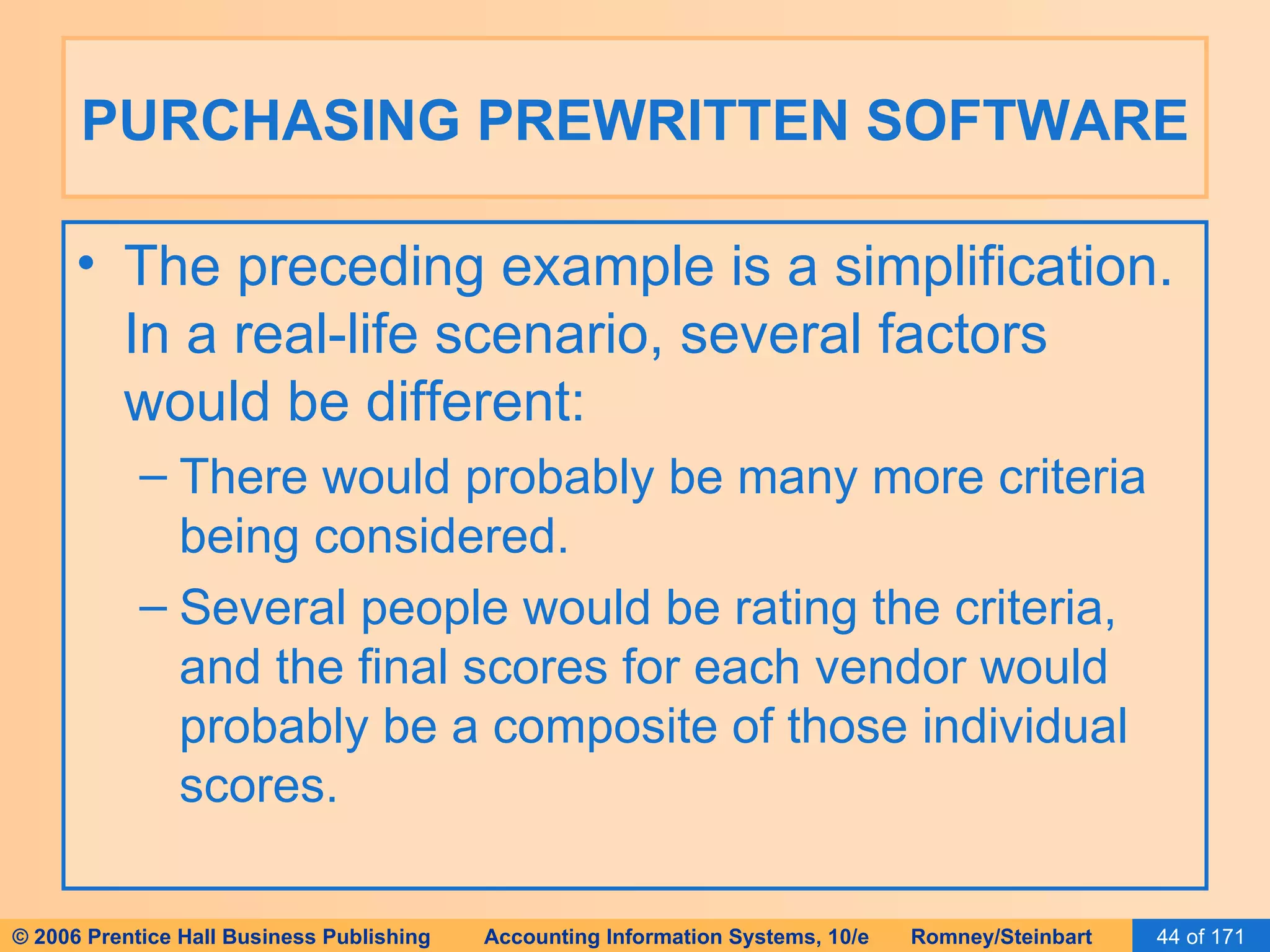 PURCHASING PREWRITTEN SOFTWARE The preceding example is a simplification.  In a real-life scenario, several factors would be different: There would probably be many more criteria being considered. Several people would be rating the criteria, and the final scores for each vendor would probably be a composite of those individual scores. 