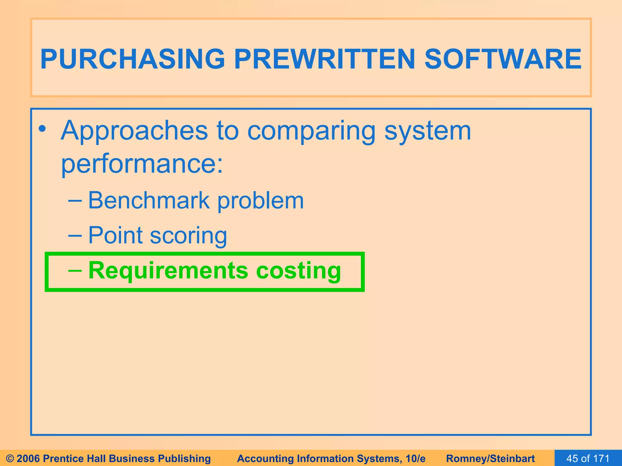 PURCHASING PREWRITTEN SOFTWARE Approaches to comparing system performance: Benchmark problem Point scoring Requirements costing 