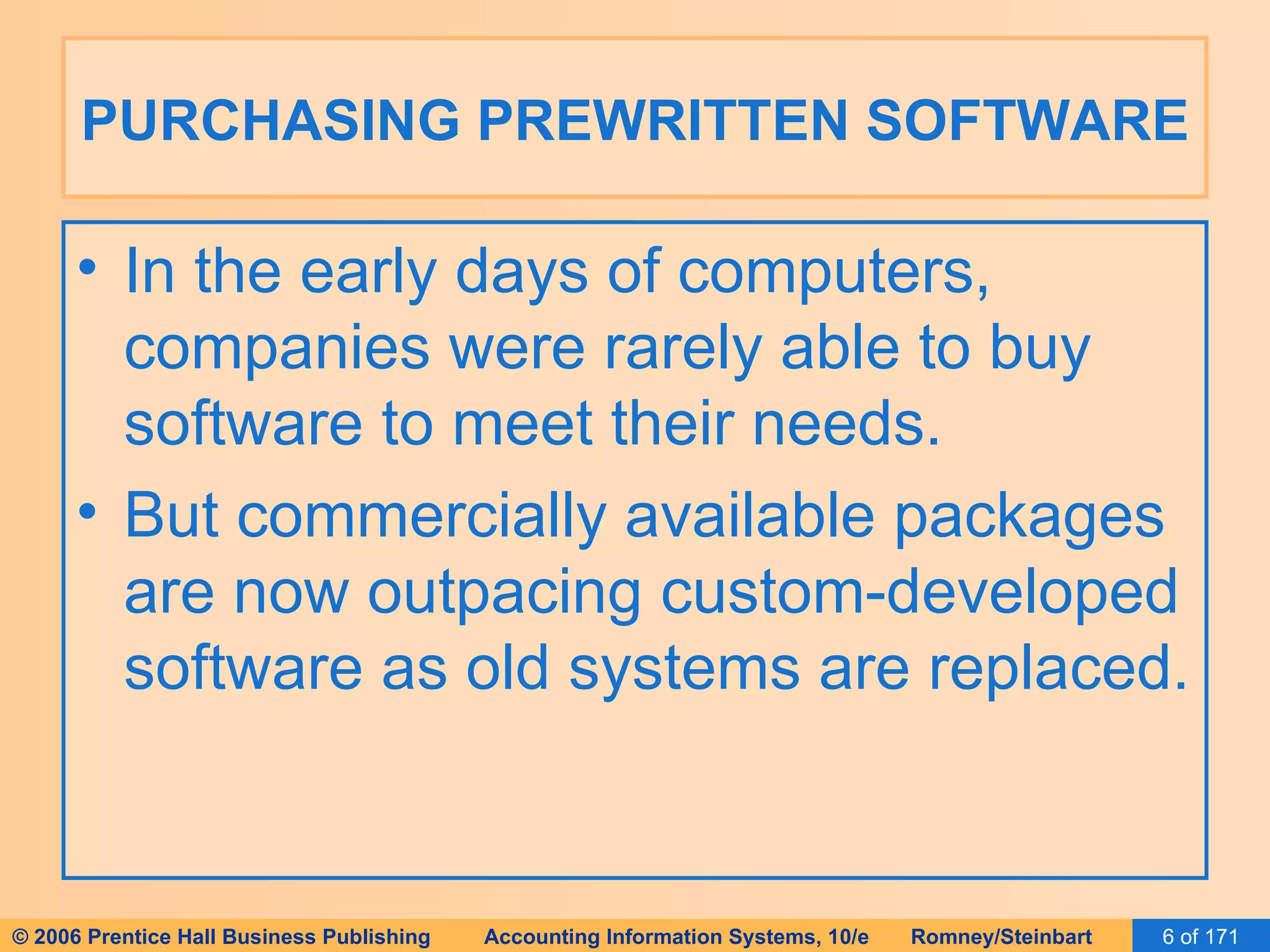 PURCHASING PREWRITTEN SOFTWARE In the early days of computers, companies were rarely able to buy software to meet their needs. But commercially available packages are now outpacing custom-developed software as old systems are replaced. 