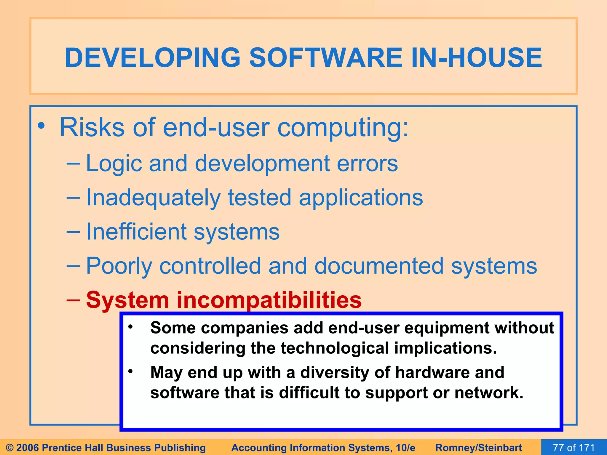 DEVELOPING SOFTWARE IN-HOUSE Risks of end-user computing: Logic and development errors Inadequately tested applications Inefficient systems Poorly controlled and documented systems System incompatibilities Some companies add end-user equipment without considering the technological implications. May end up with a diversity of hardware and software that is difficult to support or network. 