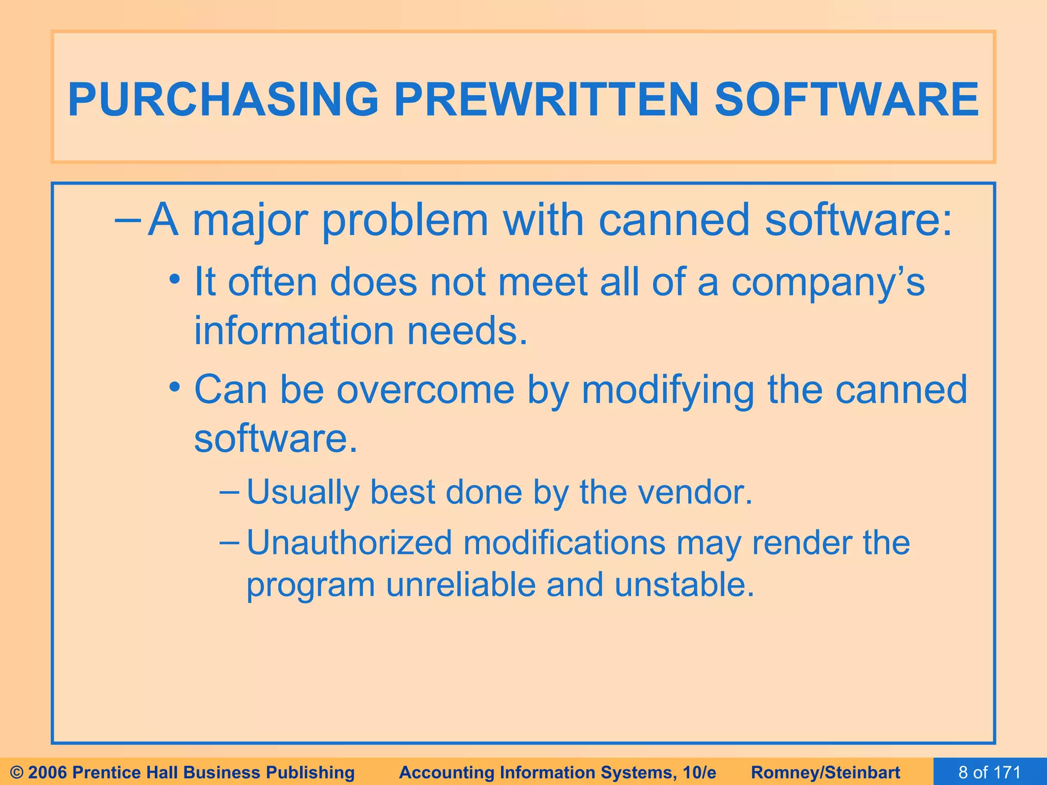 PURCHASING PREWRITTEN SOFTWARE A major problem with canned software: It often does not meet all of a company’s information needs. Can be overcome by modifying the canned software. Usually best done by the vendor. Unauthorized modifications may render the program unreliable and unstable. 