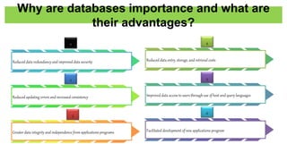 Why are databases importance and what are
their advantages?
1
Reduced data redundancy and improved data security
2
Reduced updating errors and increased consistency
3
Greater data integrity and independence from applications programs
4
Reduced data entry, storage, and retrieval costs
5
Improved data access to users through use of host and query languages
6
Facilitated development of new applications program
 