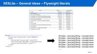 XESLite – General ideas – Flyweight literals
PAGE 14
64 bytes – java.lang.String – concept:name
64 bytes – java.lang.Strin...