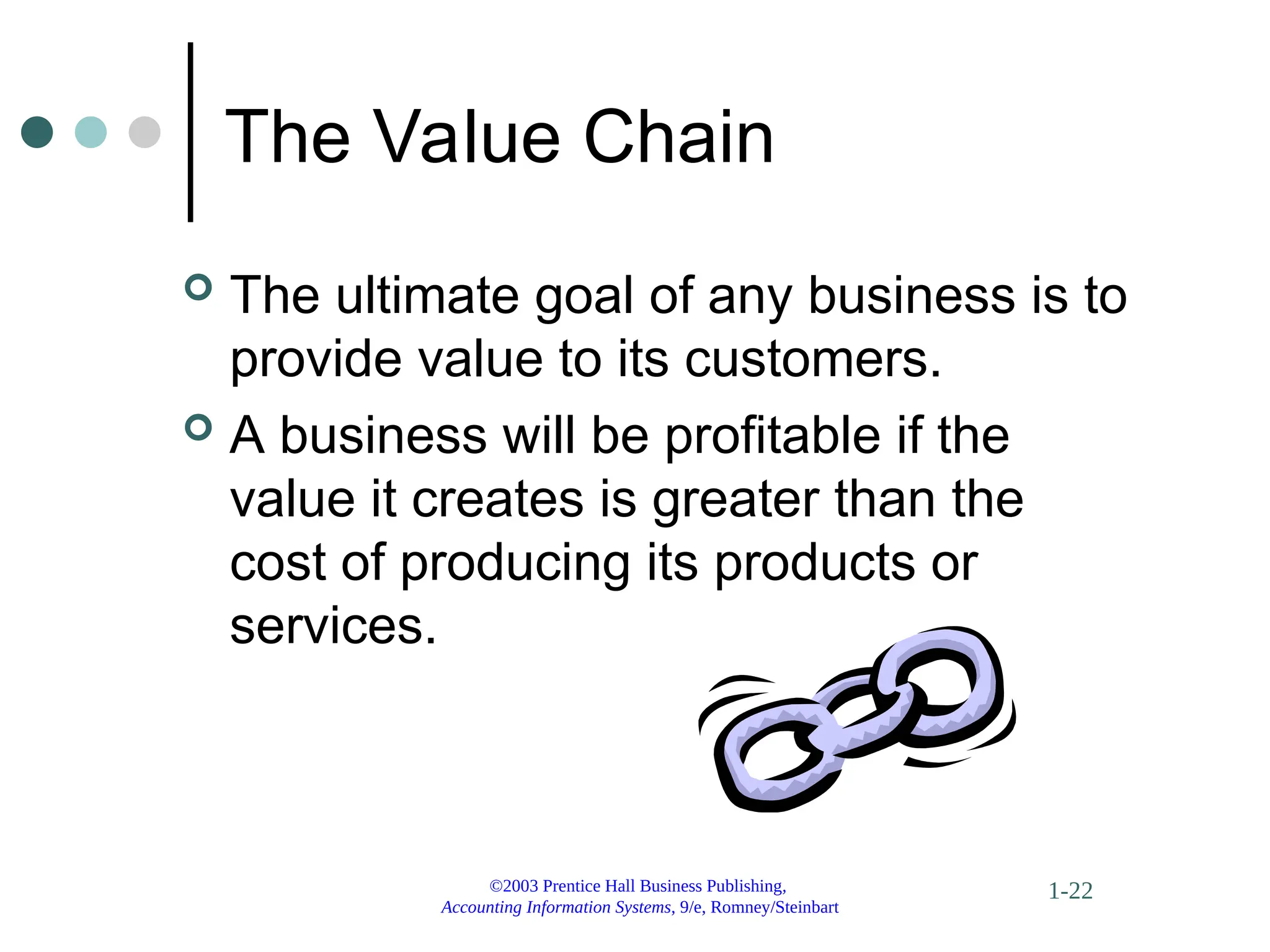 ©2003 Prentice Hall Business Publishing,
Accounting Information Systems, 9/e, Romney/Steinbart
1-22
The Value Chain
 The ultimate goal of any business is to
provide value to its customers.
 A business will be profitable if the
value it creates is greater than the
cost of producing its products or
services.
 