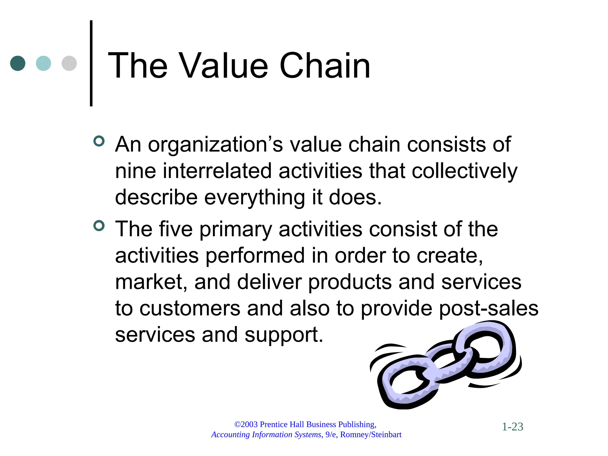 ©2003 Prentice Hall Business Publishing,
Accounting Information Systems, 9/e, Romney/Steinbart
1-23
The Value Chain
 An organization’s value chain consists of
nine interrelated activities that collectively
describe everything it does.
 The five primary activities consist of the
activities performed in order to create,
market, and deliver products and services
to customers and also to provide post-sales
services and support.
 