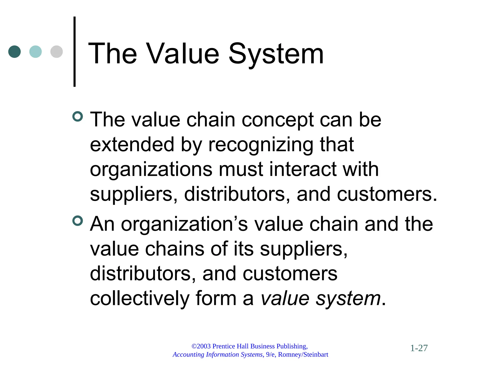 ©2003 Prentice Hall Business Publishing,
Accounting Information Systems, 9/e, Romney/Steinbart
1-27
The Value System
 The value chain concept can be
extended by recognizing that
organizations must interact with
suppliers, distributors, and customers.
 An organization’s value chain and the
value chains of its suppliers,
distributors, and customers
collectively form a value system.
 