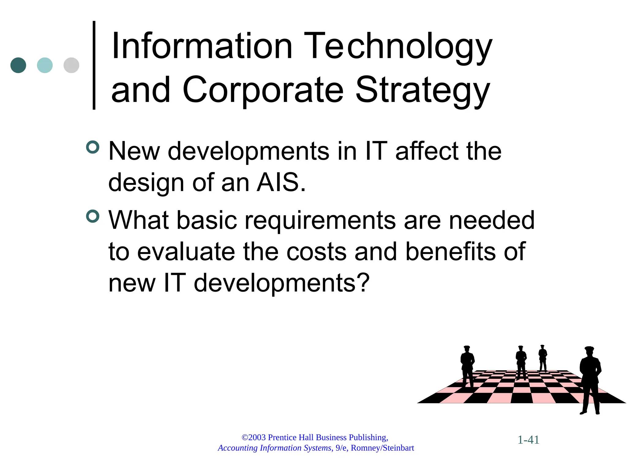 ©2003 Prentice Hall Business Publishing,
Accounting Information Systems, 9/e, Romney/Steinbart
1-41
Information Technology
and Corporate Strategy
 New developments in IT affect the
design of an AIS.
 What basic requirements are needed
to evaluate the costs and benefits of
new IT developments?
 