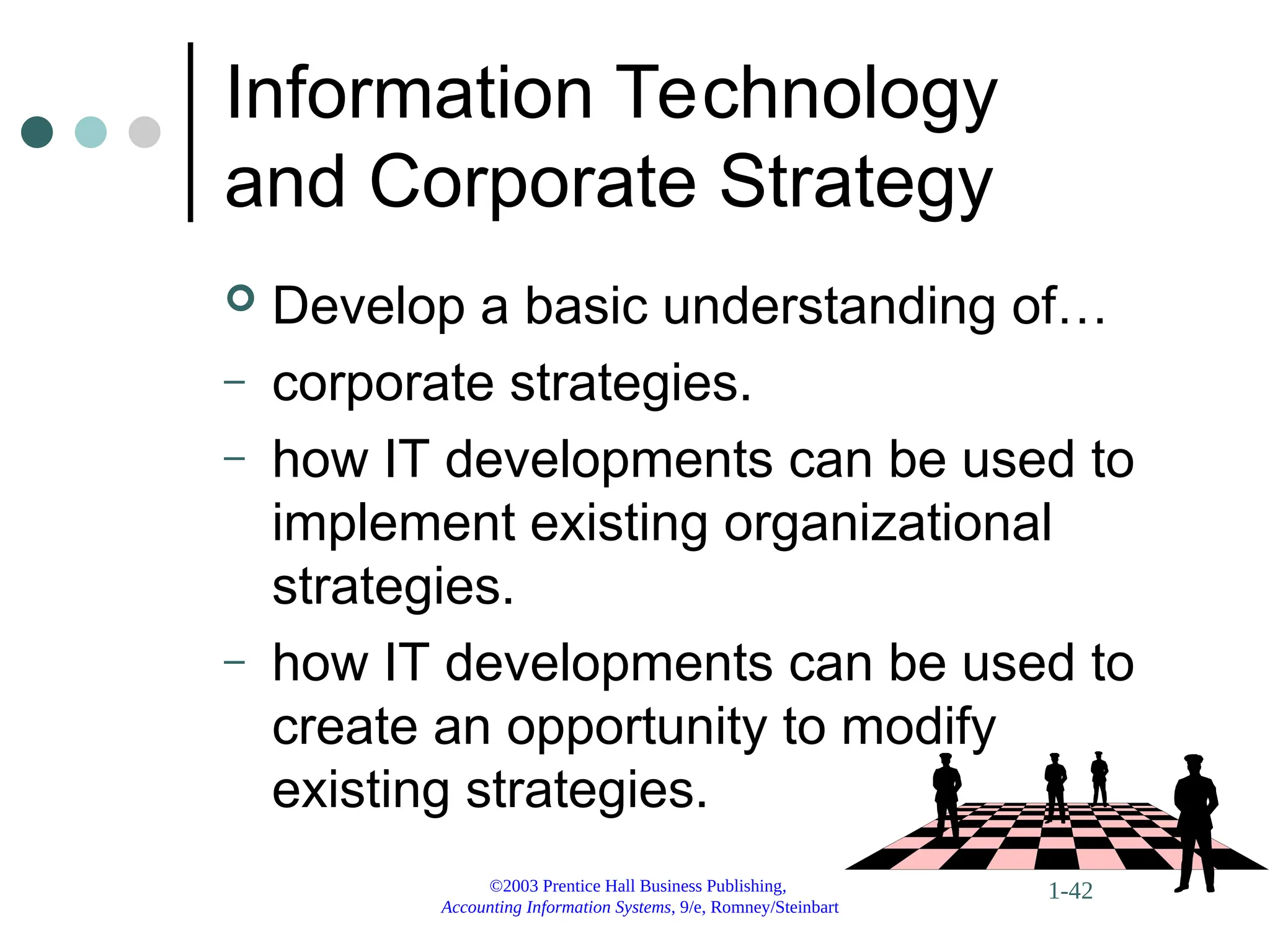 ©2003 Prentice Hall Business Publishing,
Accounting Information Systems, 9/e, Romney/Steinbart
1-42
Information Technology
and Corporate Strategy
 Develop a basic understanding of…
– corporate strategies.
– how IT developments can be used to
implement existing organizational
strategies.
– how IT developments can be used to
create an opportunity to modify
existing strategies.
 