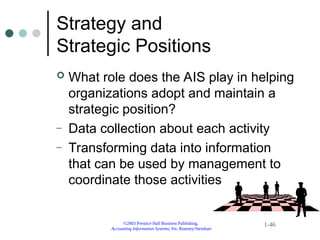 ©2003 Prentice Hall Business Publishing,
Accounting Information Systems, 9/e, Romney/Steinbart
1-46
Strategy and
Strategic Positions
 What role does the AIS play in helping
organizations adopt and maintain a
strategic position?
– Data collection about each activity
– Transforming data into information
that can be used by management to
coordinate those activities
 